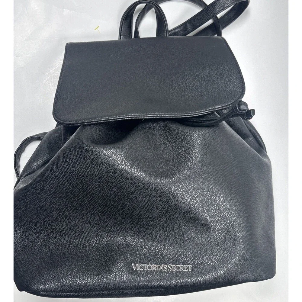 Victoria's Secret Backpack Purse Tote Black Faux Leather Drawstring 14